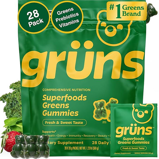 Gruns Adults Super Greens Multivitamin Gummies, Superfood Vitamin Gummy Bears with Spirulina, Chlorella, Prebiotic Fiber for Digestive Health, Adaptogens Supplement, 20 Vitamins & Minerals, 28 Count