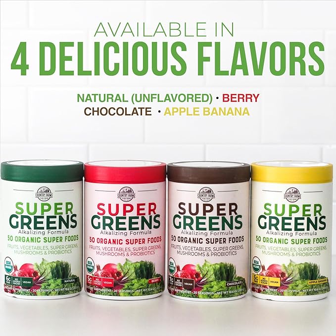 Country Farms Super Greens Berry Flavor, 50 Organic Foods, USDA Drink Mix, Multicolor, Multi, 40 Servings, 21 Oz, 2 Pack
