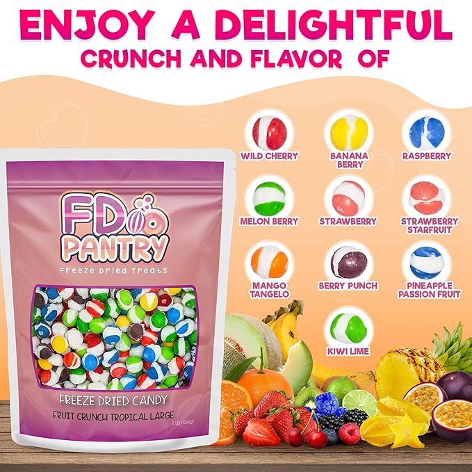 Fruit Crunch Tropical Freeze-Dried Candy, 16 oz, Tropical Fruit Flavors, Large Pouch, Ideal Gift Snack Treat