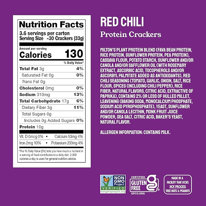 Milton's Protein Crackers Variety Bundle (Red Chili, Zesty Ranch, Everything, Crispy Sea Salt) - 10g of Plant-Based Protein Per Serving, Certified Gluten Free, Non-GMO - 4.25 Oz, Pack of 4