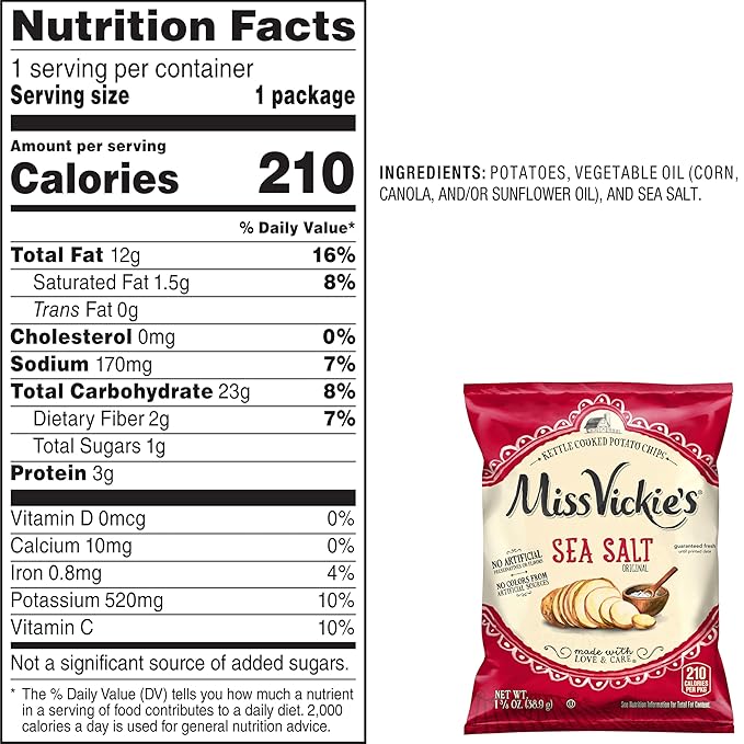 Miss Vickie's Sea Salt Flavored Kettle Cooked Potato Chips, 1.375 Ounce (Pack of 64)