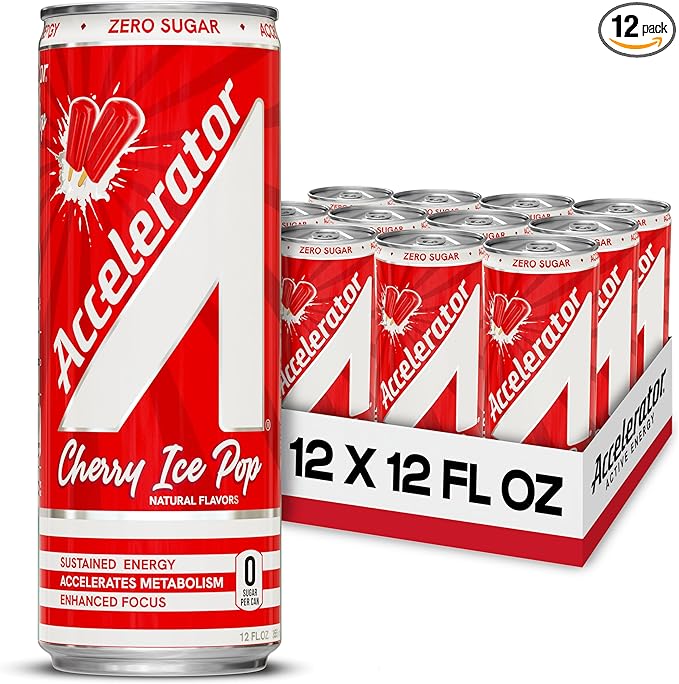 Accelerator Energy Drink, Cherry Ice Pop 12oz can (12 pack), Zero Sugar, Sustained Energy from 100% Natural Caffeine (200mg from Green Coffee Bean & Green Tea extract)