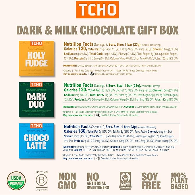 TCHO 6-Bar Dark & Milk Chocolate Variety Pack | Single Origin, Plant Based, Organic & Fair Trade | Non GMO, Non-Dairy, Vegan, Soy Free (2.5oz each) - Perfect Chocolate Gift Box for Any Occasion