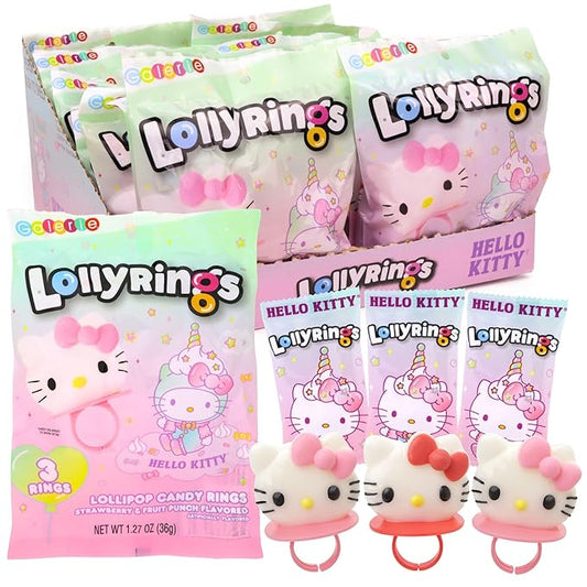 Hello Kitty Lollipop Rings, Strawberry and Fruit Punch Flavored Suckers, Themed Party Favors, 3 Count Bag, 1.27 Ounces (18 Pack)