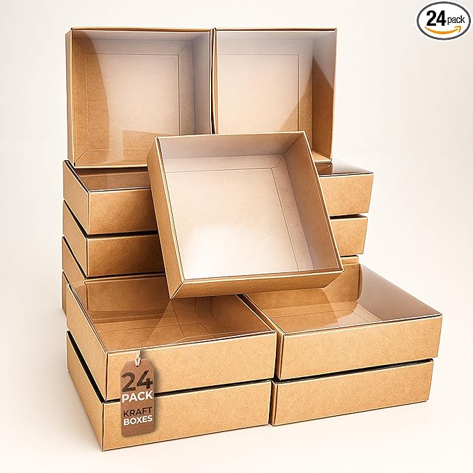 Diakarma Gift Boxes with Clear Cover, Bakery Treat Boxes for Small Cakes, Cookies, Desserts, Donuts, Pastries, Gifts, and Party Favors – Durable & Elegant (24 Pieces Brown Kraft, 4"x4"x1.2")