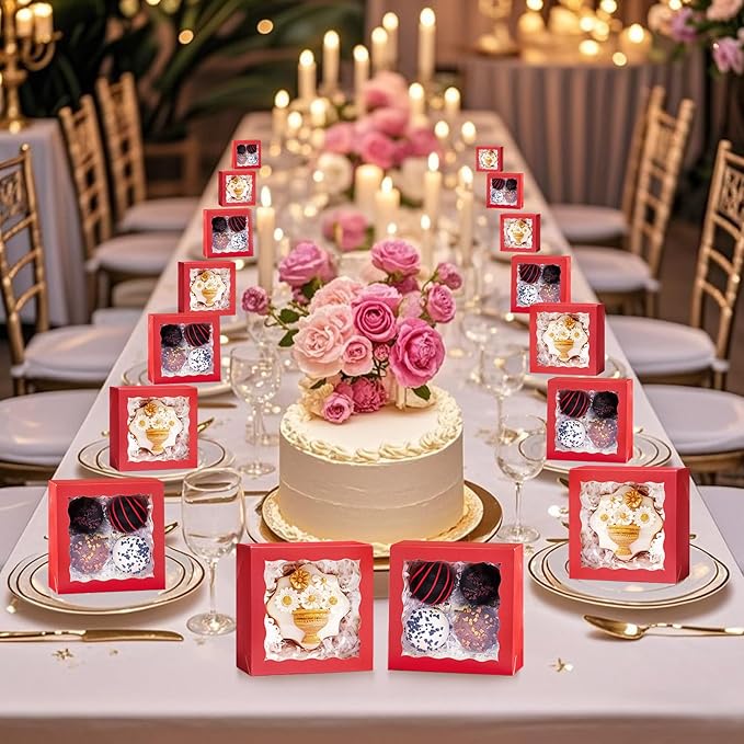 JCXGRVC 100PCS 4x4x2 inches Classic Red Bakery Boxes with Window - Macaron Cookie Chocolate Truffle Strawberry & Mini Cake Gift Boxes for Parties Valentine's Birthdays Wedding Christmas Favors
