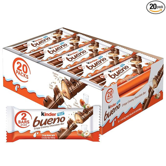 Kinder Bueno Milk Chocolate Bars with Hazelnut Cream, Bulk 20 Pack, Chocolate Candy Bars for Game Day, Football Party Supplies, Snacks for Adults, 4 Per Pack