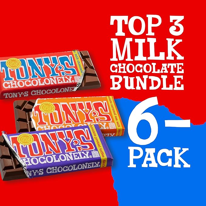 Tony's Chocolonely - Top 3 Milk Chocolate Bundle - Belgium Chocolate Bar, No Artificial Flavoring, Made From Fairtrade & B Corp Certified - 6.35 Oz, 6 Bars