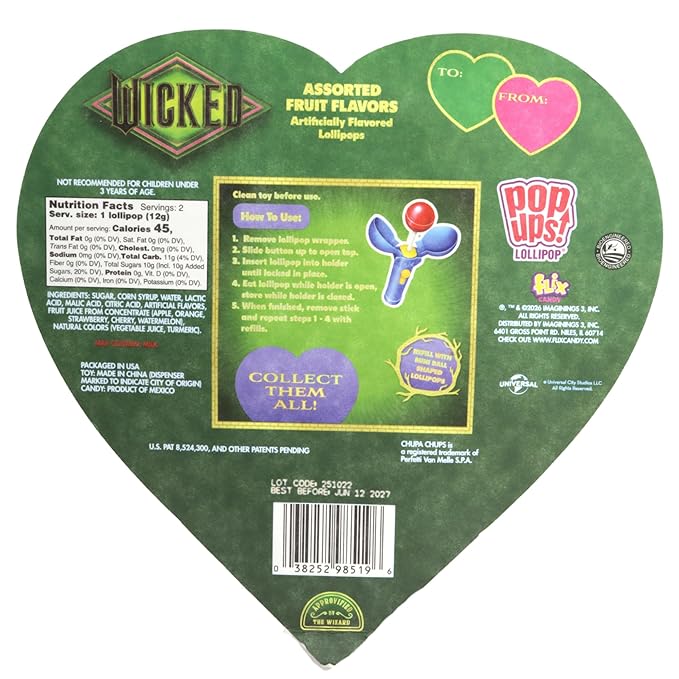 Wicked Glinda Pop Ups Heart Box, Two Lollipops with Character Holder, Valentine's Day Candy Gift, 0.84 Ounces