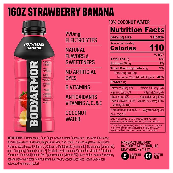 BODYARMOR Sports Drink, Strawberry Banana, Electrolyte Drink Hydration, 16 Fl Oz Bottles (12 Pack), Flavored Coconut Water with B Vitamins & Antioxidants
