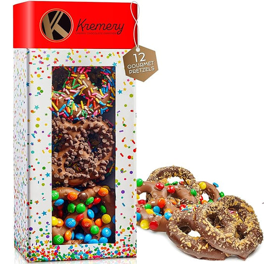 KREMERY Creamy Chocolate Cravings - Valentines Day Chocolate Covered Pretzel Twists Gift Basket, in Confetti Tower (12 Pretzels, Assorted Sweet Toppings) Sweet Treats Food Arrangement, Kosher