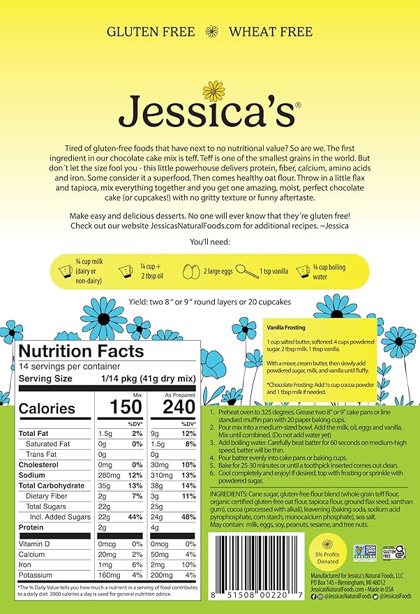 Jessica’s Natural Foods - Gluten-free Chocolate Cake Mix Made with the Ancient-Grain Teff and Wholesome Oat Flour, Non-GMO, and Gluten Free. 3 Per Pack