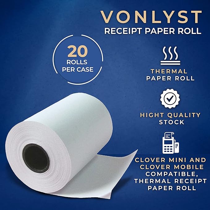 Vonlyst Receipt Paper for Clover Mini and Clover Mobile Thermal Printer 2 1/4 x 80 (20 rolls)