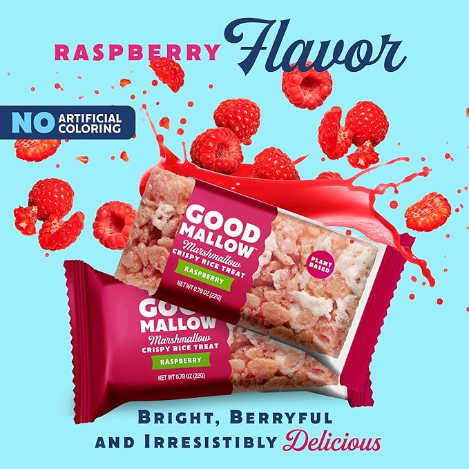 GoodMallow Vegan Rice Crispy Treats Individually Wrapped Box of 8 , Kosher Vegan Snacks, Gluten Free Dairy Free Snacks for Kids & Adults - Healthy Sweets Made with Gourmet Marshmallows, Made in USA (Raspberry)