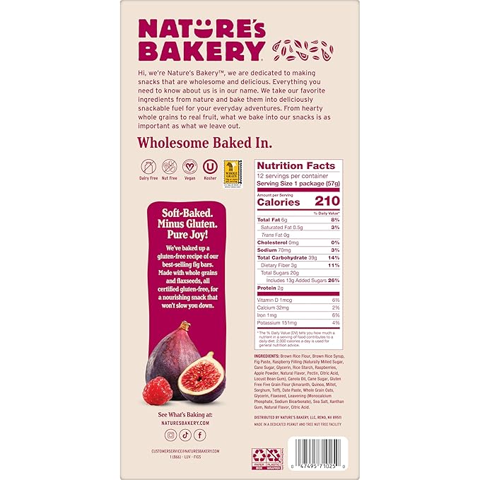 Nature's Bakery Gluten Free Fig Bar, Raspberry, Plant-Based, Vegan Friendly, Kosher, Non-GMO, 2 Ounce (Pack of 12)