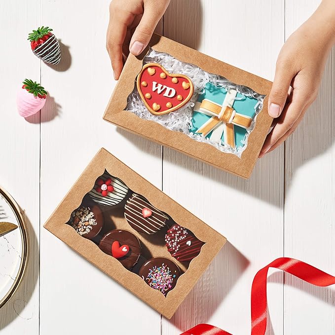 RomanticBaking 50 Pack DIY Assembly Brown 7 x 4 3/8 x 1½ inches Cookies Boxes BakeryTreat Boxes Packaging for Macaron Chocolate Truffle Cakesickle