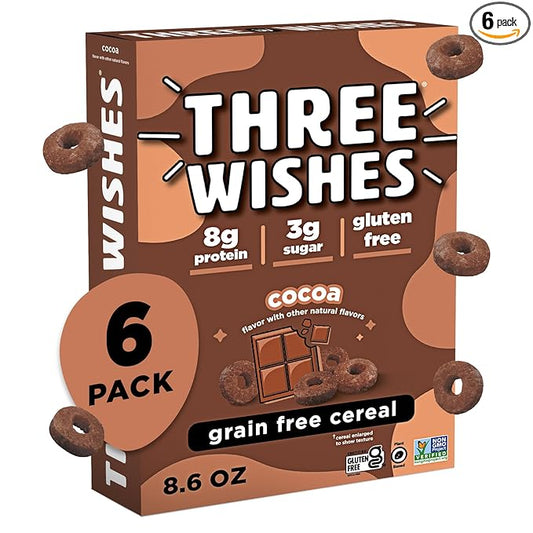Three Wishes Grain-Free & Protein Cereal - Healthy, Low Sugar & Gluten-Free Breakfast Cereal - Low Carb, Plant-Based, Vegan & Non-GMO - Cocoa, 6-Pack