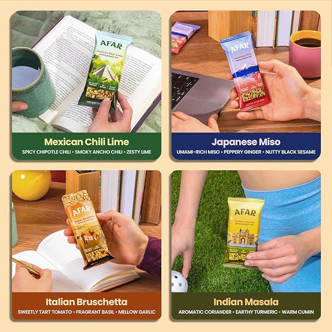 Afar Savory Protein Bars – Low Sugar, High Protein – Healthy Snacks for Adults – Meal Replacement Bar – Rice Crispy Texture – Vegan, Gluten Free (8 Bars, Variety Pack)