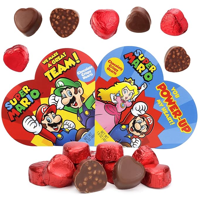 Super Mario Valentine's Heart Gift Boxes, Crispy Milk Chocolatey Candy Inside, Individually Foil Wrapped Pieces, To/From Section on Back, 1.6 Ounces (Pack of 2)