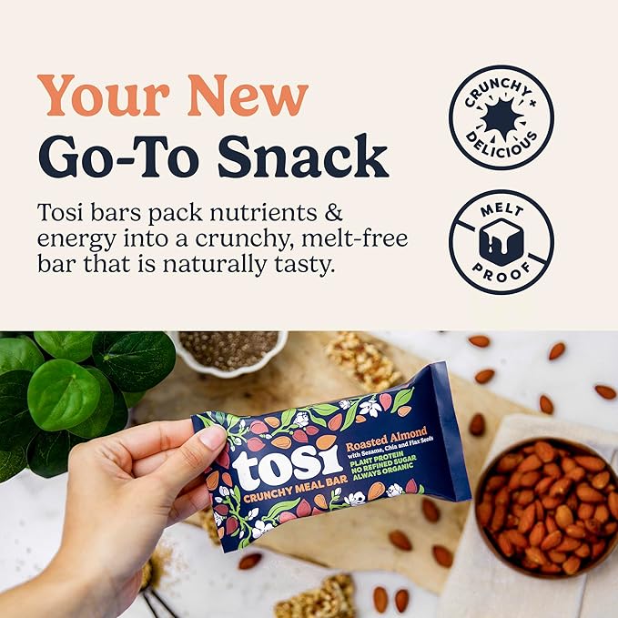 Tosi Meal Nut Bars, Almond, Healthy Snacks for Adults & Kids, Crunchy Plant Based Protein Bar (14G), Keto Snacks, Vegan, Gluten & Soy Free, Low Sugar, Omega 3s, 2.4oz, 12-Pack