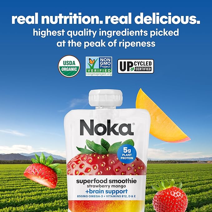 Noka Superfood Fruit Smoothie Pouches Ready to Drink with Brain Support, Healthy Snacks w/ 850mg Omega-3 Flax Seed Plant Protein Vegan Gluten Free Organic Fruit Squeeze Pouch Strawberry Mango 4.22 oz 6 Count