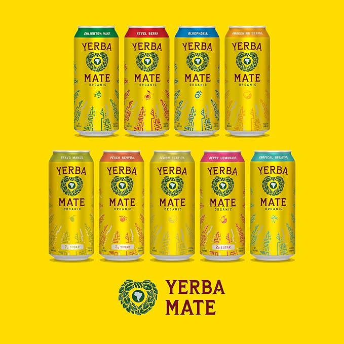 Yerba Madre Organic Yerba Mate, Energy Drink Alternative, Bravo Mango, Low Sugar, 150mg Natural Caffeine, Better for You Energy & Focus, No Jitters or Crash, 15.5 Oz (Pack of 12)
