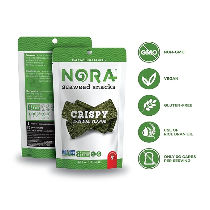 Original Crispy Seaweed Snacks by Nora, Low-Carb Healthy Snacks for Adults, Thick Nori Sheets Snack Strips, Asian Snacks, Vegan, Gluten-Free, Non-GMO, 6-Pack