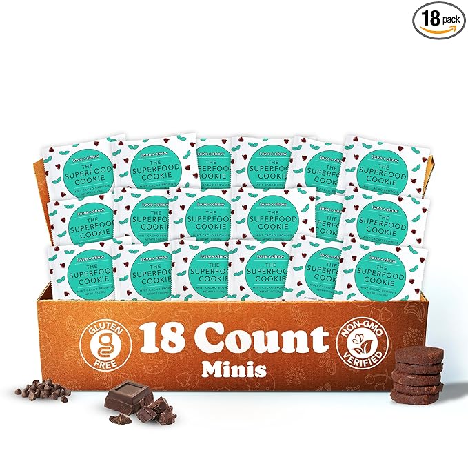 Love + Chew Superfood Soft Baked MINI Cookies, Mint Cacao Brownie Flavor, Plant Based Cookie Made With Almonds & Dark Chocolate for Kids and Adults, Vegan Snacks, Gluten Free, Paleo, Non GMO, 18 Pack