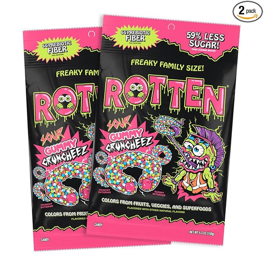 Rotten Sour Gummy Cruncheez - Low Sugar, Low Calorie, 5g Gut-Friendly Prebiotic Fiber, Gluten Free Candy, No Artificial Dyes - 5.3 oz Share Pack [2 Pack]