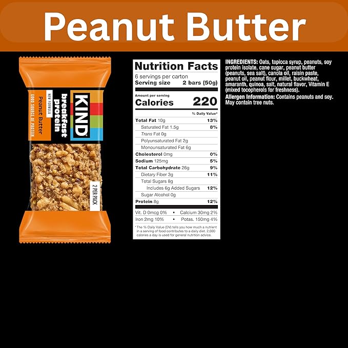 KIND Breakfast Protein Variety Pack, Peanut Butter, Honey Oat, Almond Butter, 8g Protein, Gluten Free Snack Bars, Non-GMO, 18 Count