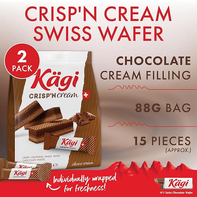 Swiss Milk Chocolate Mousse Filled Wafers by Kägi, Individually Wrapped Snacks, Chocolate Gift, Kägi Crisp'n Cream, Choco Cream, 2-Pack, 88g Bags