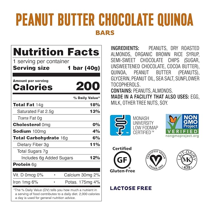 Fody Foods Snack Bars, Peanut Butter Chocolate Quinoa, 1.41 Oz (Pack of 6), 6g Protein, Low FODMAP, Gut & IBS Friendly, Vegan, Lactose Free, Non-GMO, Gluten Free