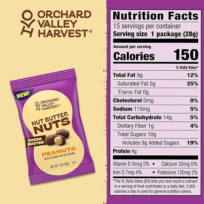 Orchard Valley Harvest Nut Butter Nuts Cocoa Dusted, Peanut Butter Coated Peanuts, 1oz Bags (Pack of 15), Made with Real Peanut Butter, Perfect On-The-Go & Portion Control Snack