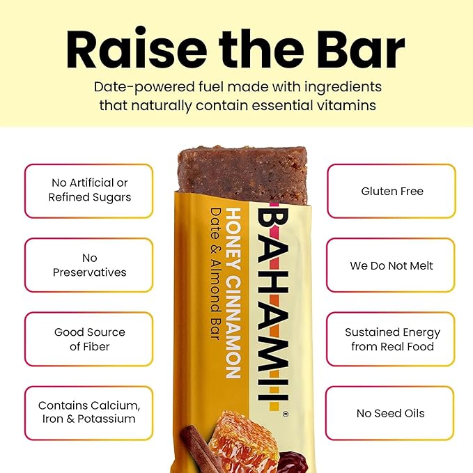 Bahamii Snack Bars, Made with Dates & Nuts, Healthy Snacks, Gluten Free, Good Source of Fiber, Only 7 Ingredients, For Kids & Adults, No Artificial Sweeteners, Dairy Free, 4 Pack, Honey Cinnamon