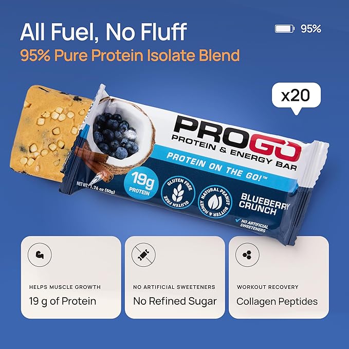 ProGo Protein Bars, Energy Bars - 19g Clean Protein, Made with 95% Pure Isolate, Tallow, Collagen, Real Ingredients - Low Calorie, No Artificial Sweeteners (20-Count, Blueberry Crunch)