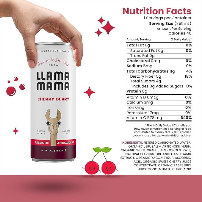 Llama Mama Cherry Berry Organic Sparkling Prebiotic Soda • Gut & Immune Support • High Vitamin C, Antioxidants • NO Sugar • NO Artificial Sweeteners • NO Stevia • Vegan Plant Fiber • 12 Pack