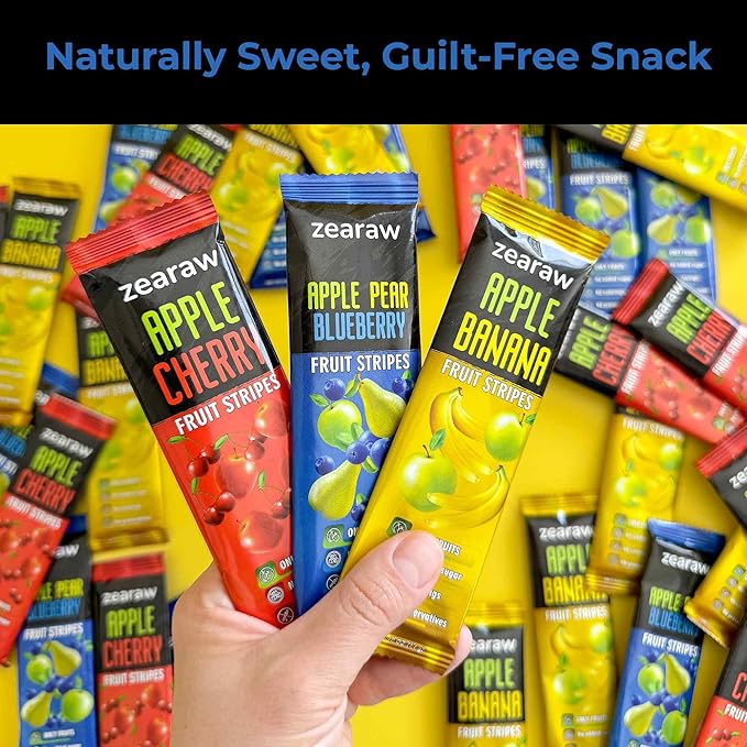 ZEARAW Healthy Fruit Snacks for Adults and Kids – 30 Fruit Leather with Dried Cherry, Blueberry, Banana – Vegan Low-Carb Variety Pack Strips for Kids – Sugar Free Bars