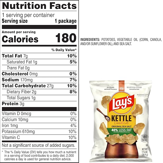 Lay's Kettle Cooked Potato Chips, 40% Less Fat Original, 1.375 Ounce (Pack of 64)