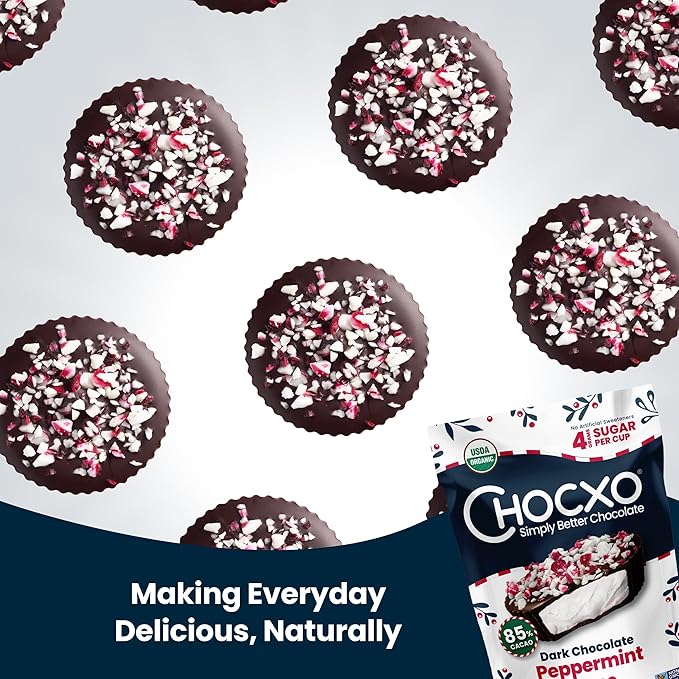 Chocxo Dark Chocolate Peppermint Cups - Lower Sugar Christmas Candy, 85% Organic Cacao, NonGMO, Keto, Gluten Free, Kosher. No Artificial Sweeteners/Sugar Alcohols, 3.45 oz (Pack of 6)