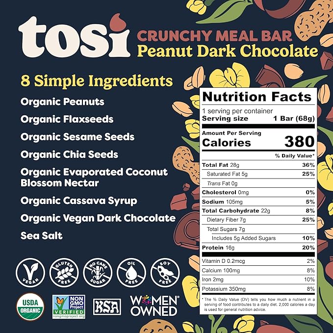 Tosi Meal Nut Bars, Peanut Dark Chocolate, Healthy Snacks for Adults & Kids, Crunchy Plant Based Protein Bar (16G), Keto Snacks, Vegan, Gluten & Soy Free, Low Sugar, Omega 3s, 2.4oz, 12-Pack