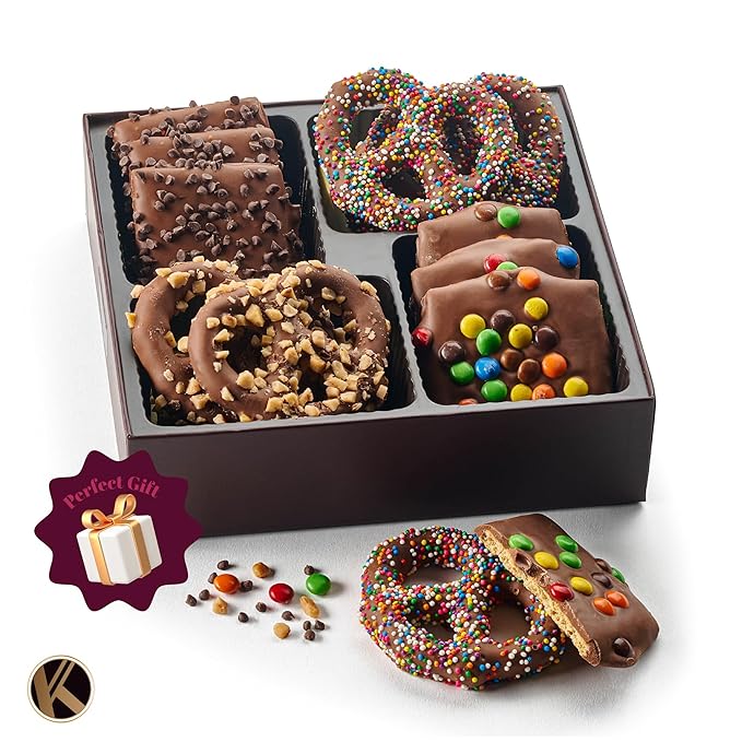 KREMERY Creamy Chocolate Cravings - Valentines Day Chocolate Covered Pretzel Twists & Grahams Cookies Gift Basket, in Brown Gift Box (12 Count, Assorted Sweet Toppings) Sweet Treats, Kosher