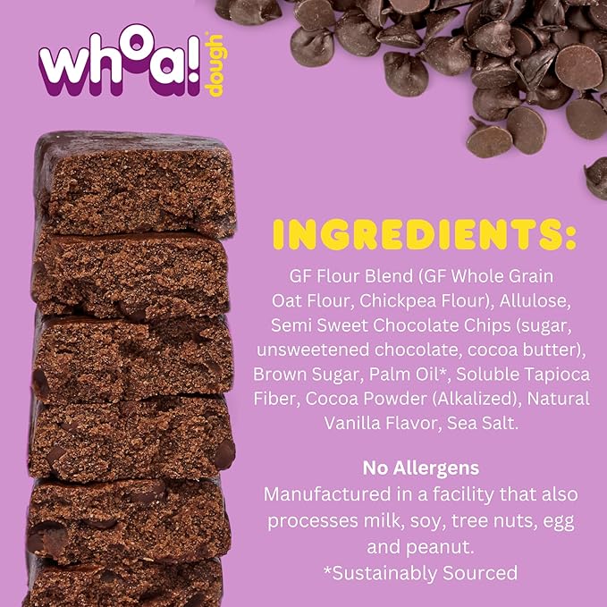 Whoa Dough Edible Cookie Dough Bars- Certified Non-GMO, Kosher and Gluten Free Bars - Healthy Snack Foods - Plant Based Snacks Made With Real Ingredients - Brownie Batter Cookie Dough - 10 Pack