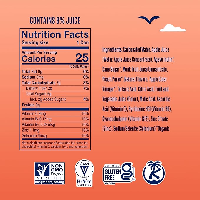 SunSip Prebiotic Soda by Health-Ade, Gut-Healthy Beverage, Soda Swap, Vitamins & Minerals, Naturally Sweetened with 5g of Sugar, Peach, 11.5 oz (12 Pack)