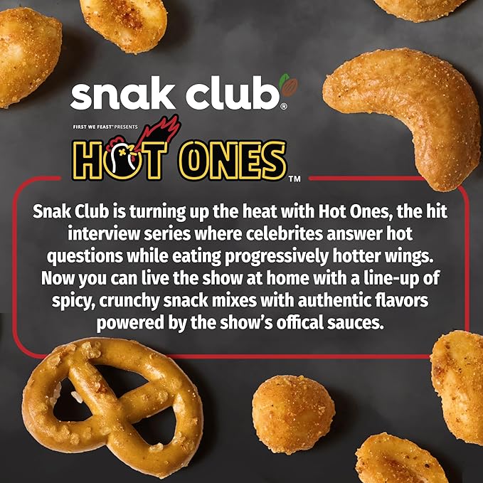 Snak Club x Hot Ones Tangy Chili Snack Mix, Mild Spicy Snacks with Peanuts, Pretzels, Sesame Sticks, Toasted Corn & Cashews, Inspired by Hot Ones Hot Sauce, 10 oz Bag