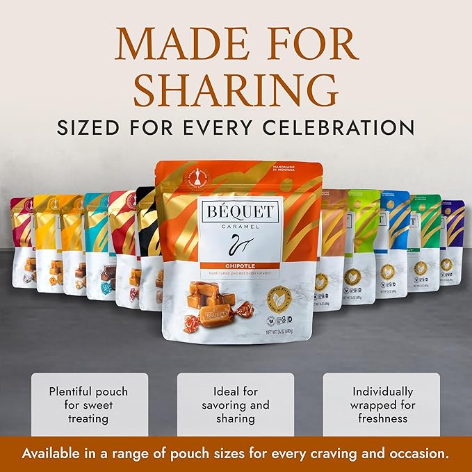 Béquet Caramel - Chipotle Caramel - Candy Individually Wrapped - Gourmet Caramel Candy - Made in Montana - Kosher (Star D) and Gluten Free - 24oz Resealable Pouch