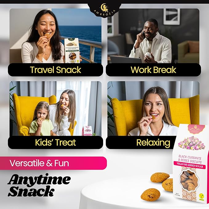 Ambrozia Vegan Snack Biscuits – Blackcurrant & Rose - Soft Baked, No Added Sugar, Clean Label, High Fiber & Wholesome Ingredients, Kid-Friendly, Healthy Snacks for Active Lifestyles, 4.58 Oz