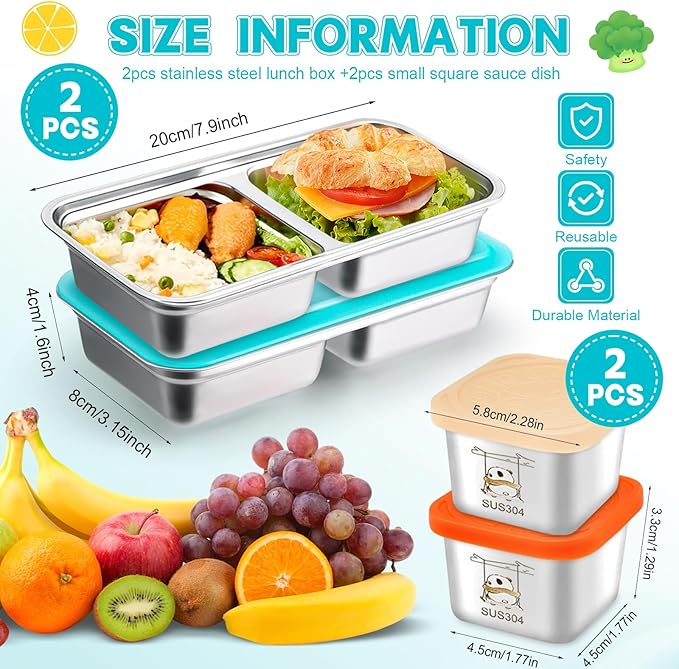 8PCS Stainless Steel Snack Containers — Double Compartment Lunch Boxes + 4Small Sauce Cups | 304 Food-Grade | Reusable, Stackable & Dishwasher Safe | Leak-Resistant Lids for Travel, Kids Lunches
