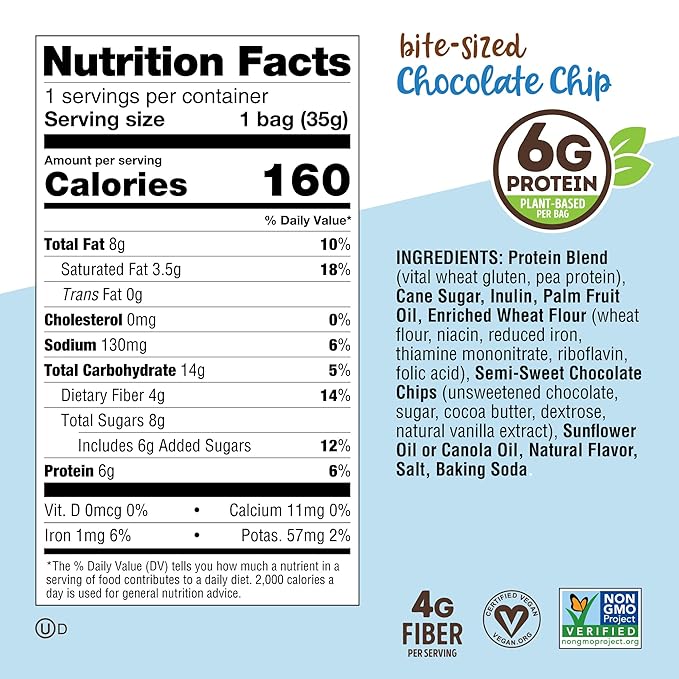 Lenny & Larry's The Complete Crunchy Cookie, Chocolate Chip, 6g Plant Protein, Vegan, Non-GMO, 1.25 Ounce Pouch (Pack of 12)