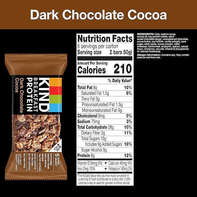 KIND Breakfast Protein Bars, Dark Chocolate Cocoa, Healthy Snacks, Gluten Free, 8g Protein, 30 Count