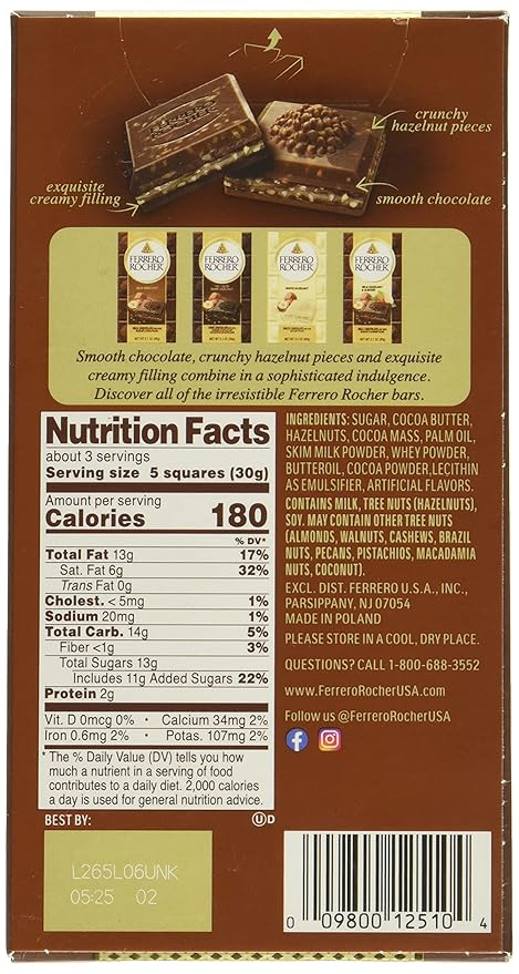 Ferrero Rocher Premium Chocolate Bars,2 Pack, Milk Chocolate Hazelnut, Luxury Chocolate, Individually Wrapped, 3.1 Oz Each